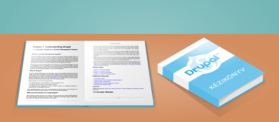 Rajz a Drupal 8 kézikönyv borítójáról és kinyitott oldalpárjáról