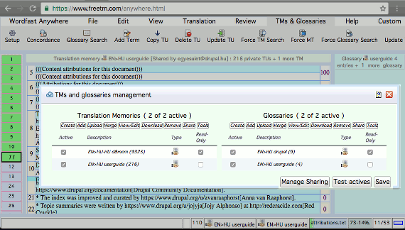 Képernyőkép a D8 Kézikönyv projekt által használt TM-ek és szószedetek beállításáról